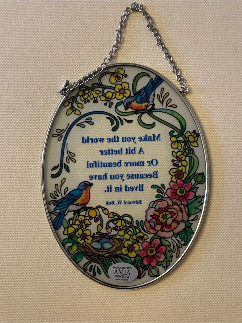 Floral Bluebird Inspirational Oval Wall Hanging - Blue